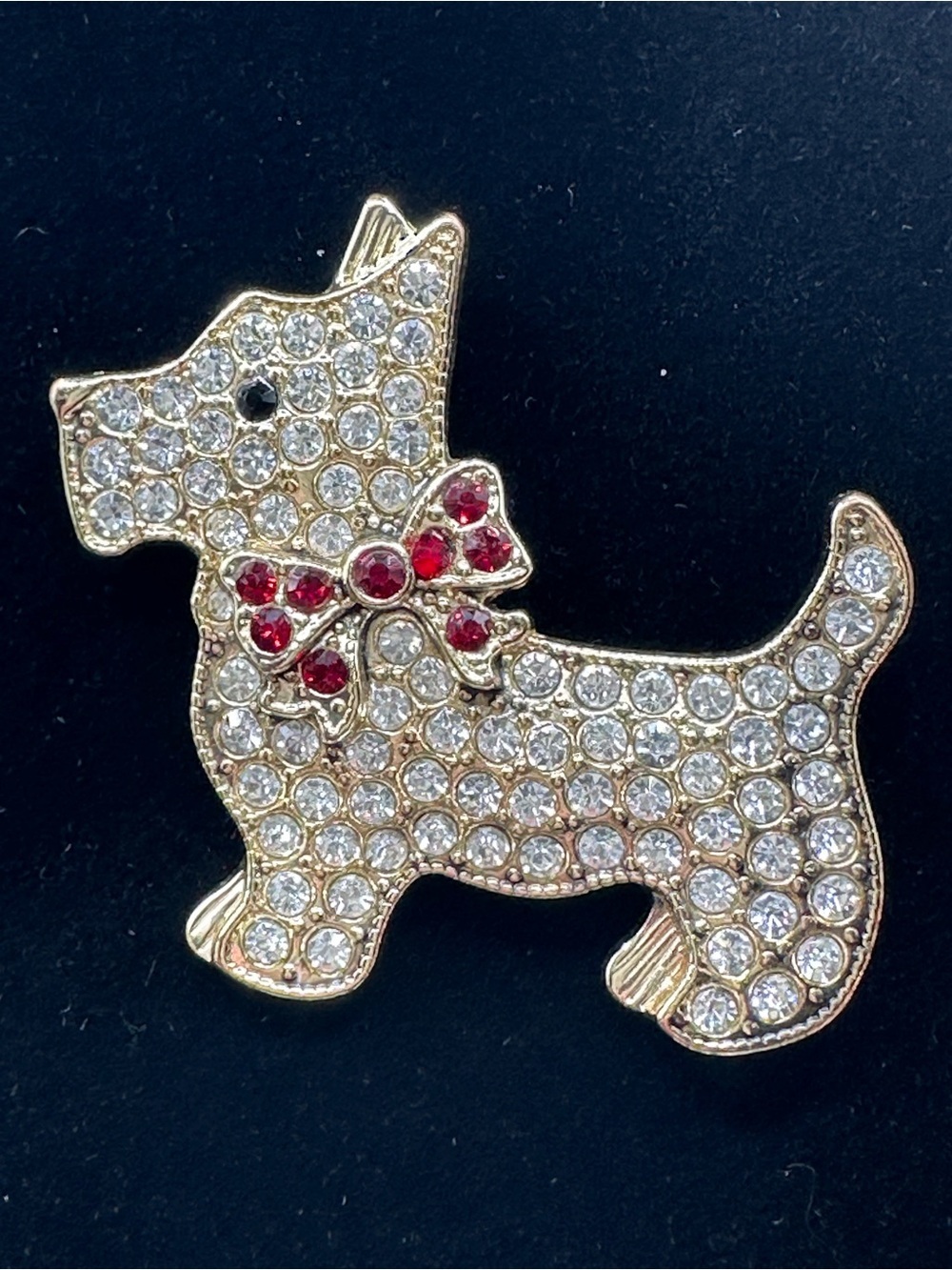 Monet Rhinestone Dog Brooch Pin with Red Bow - Elegant Pet-Inspired Jewelry
